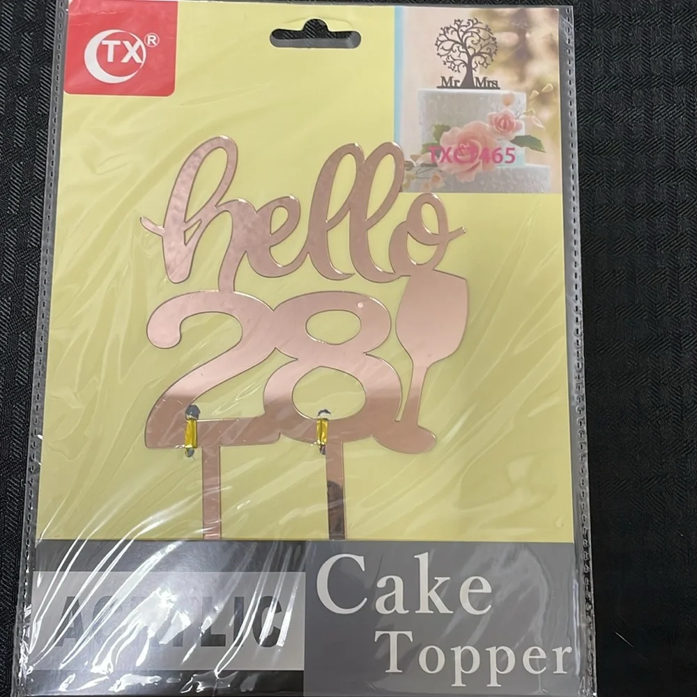CTX Acrylic Hello 28 Cake Topper - Rose Gold Acrylic Decoration NIP 7” H X 5” W